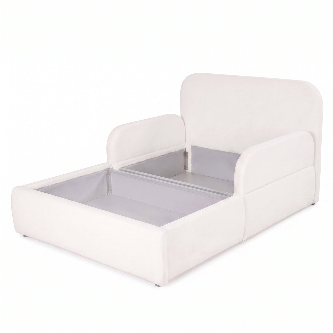 Lit enfant roba Little Dream blanc avec coffre ouvert et espace de rangement sous la surface de couchage. Partiellement générée par IA.