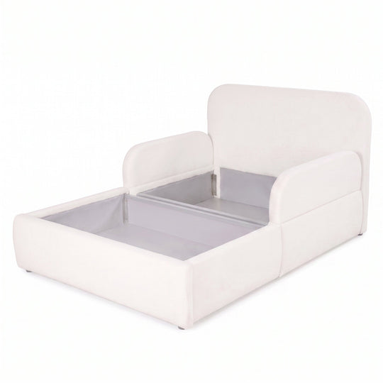 Lit enfant roba Little Dream blanc avec coffre ouvert et espace de rangement sous la surface de couchage. Partiellement générée par IA.
