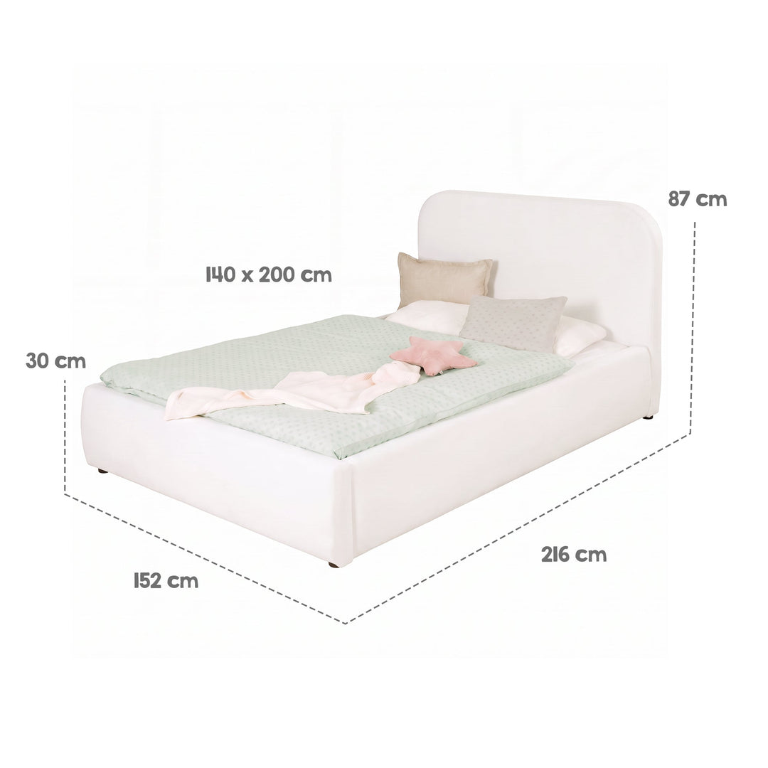 Schéma des dimensions du lit enfant roba Little Dream : surface de couchage 140x200 cm, largeur 152 cm, longueur 216 cm, hauteur 87 cm. Partiellement générée par IA.