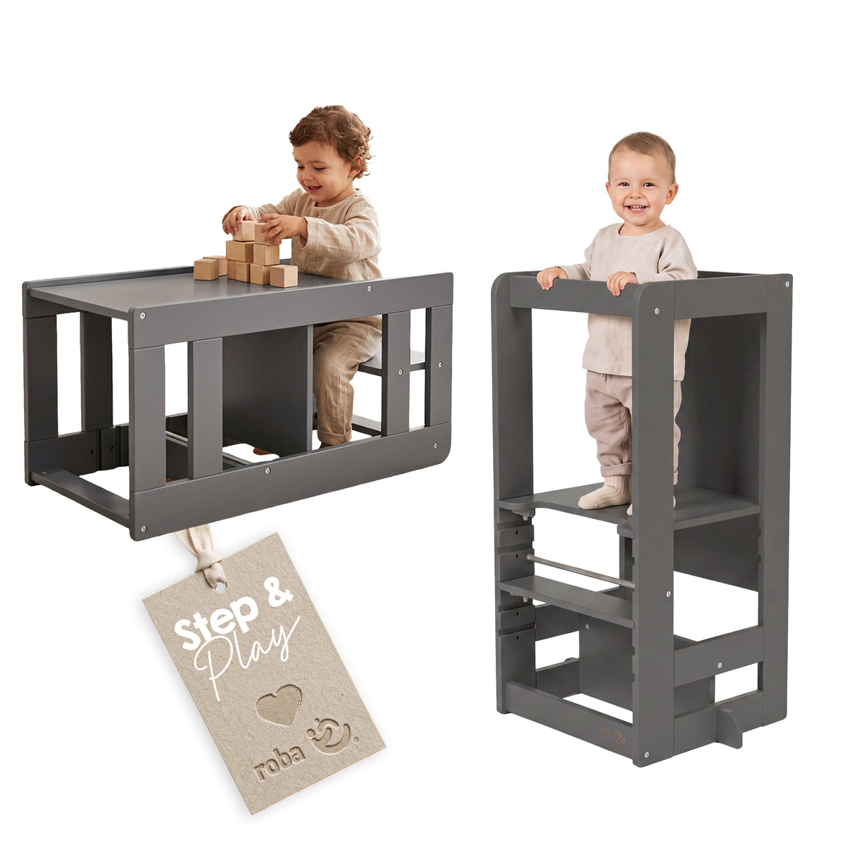 Zwei Ansichten des roba Lernturms 'Step & Play' in Anthrazit: links ein Kleinkind an der umgebauten Sitzgarnitur mit Holzbauklötzen, rechts ein lachendes Kleinkind im Lernturm; mit Hängeetikett 'Step & Play'.