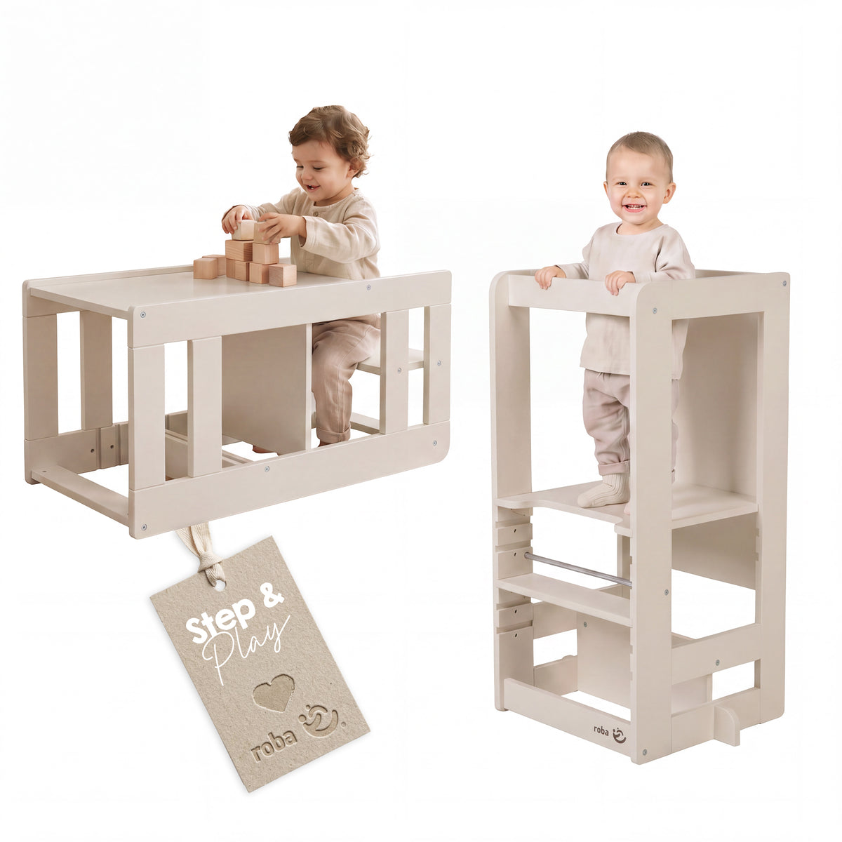 Zwei Ansichten des roba Lernturms 'Step & Play' in Cashmere: links ein Kleinkind an der umgebauten Sitzgarnitur mit Holzbauklötzen, rechts ein lachendes Kleinkind im Lernturm; mit Hängeetikett 'Step & Play'.