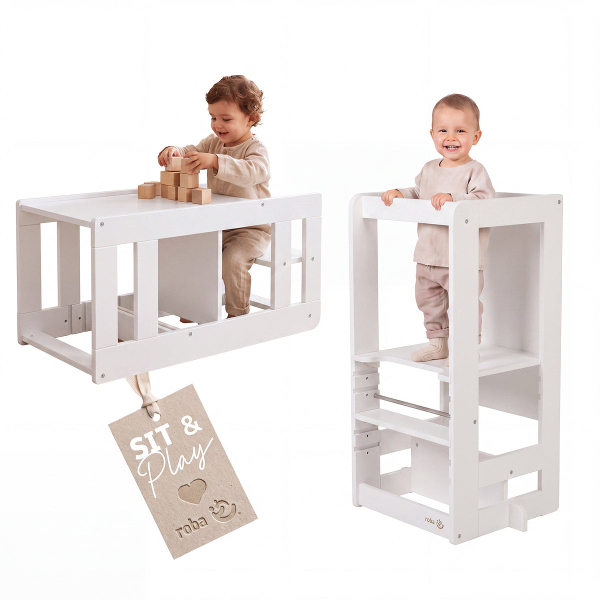 Zwei Ansichten des roba Lernturms 'Step & Play' in Weiß: links ein Kleinkind an der umgebauten Sitzgarnitur mit Holzbauklötzen, rechts ein lachendes Kleinkind im Lernturm; mit Hängeetikett.