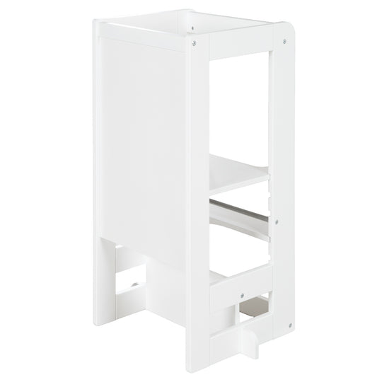 Imagen aislada de la torre de aprendizaje 'Step & Play' en Blanco en configuración de torre de aprendizaje desde otro ángulo sobre fondo blanco.