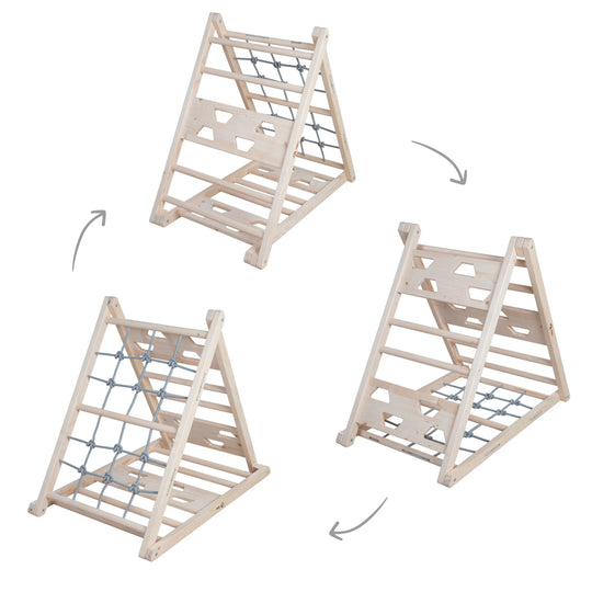 Kletterdreieck aus Holz - 3-Seiten-Funktion - Natur / Grau