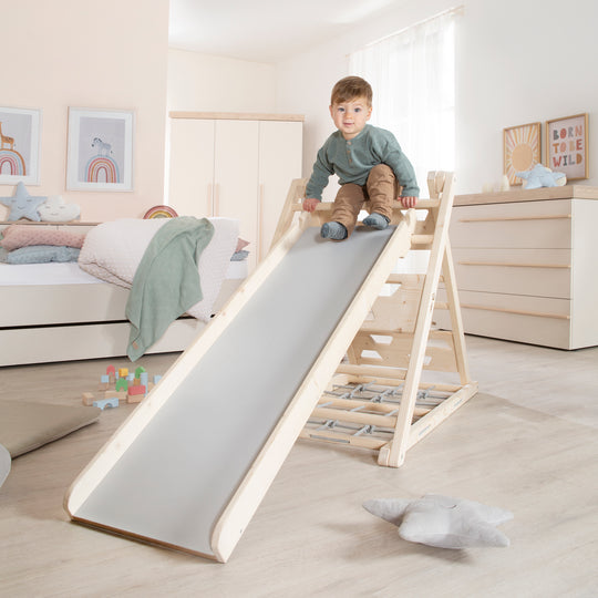 Kletterdreieck aus Holz - 3-Seiten-Funktion - Natur / Grau