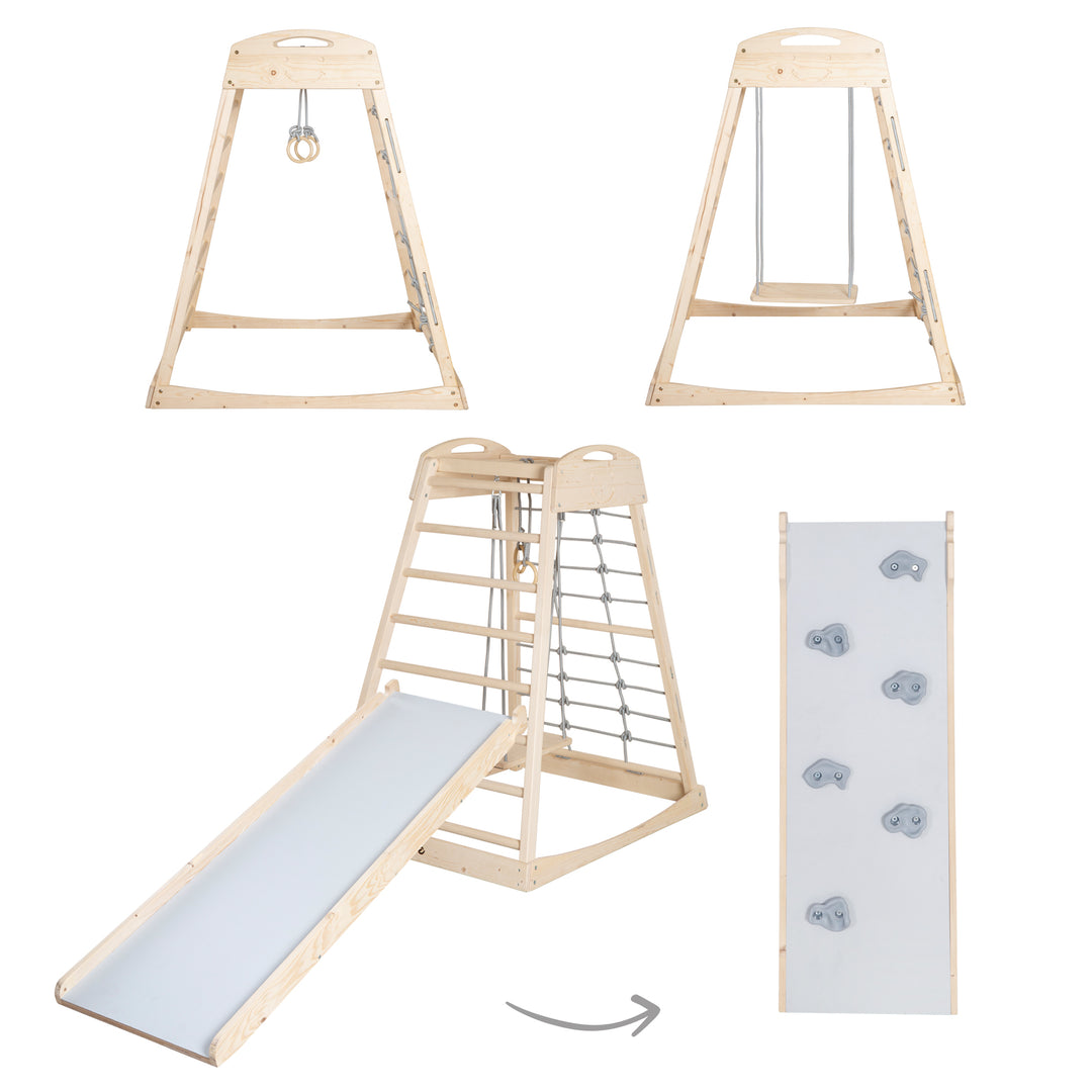 Set torre giochi da interno con accessori completi - Legno naturale / Grigio