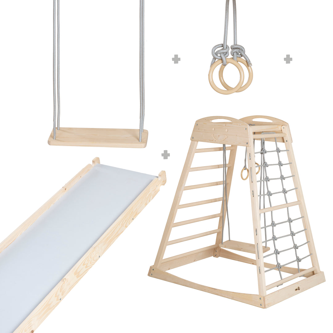Set torre giochi da interno con accessori completi - Legno naturale / Grigio