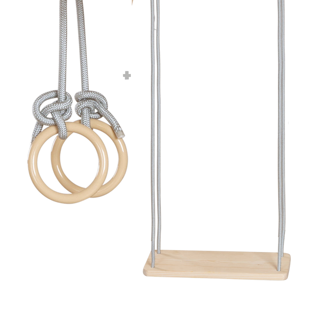 Tour de jeux d'intérieur en bois avec balançoire et anneaux de gymnastique - naturel / gris