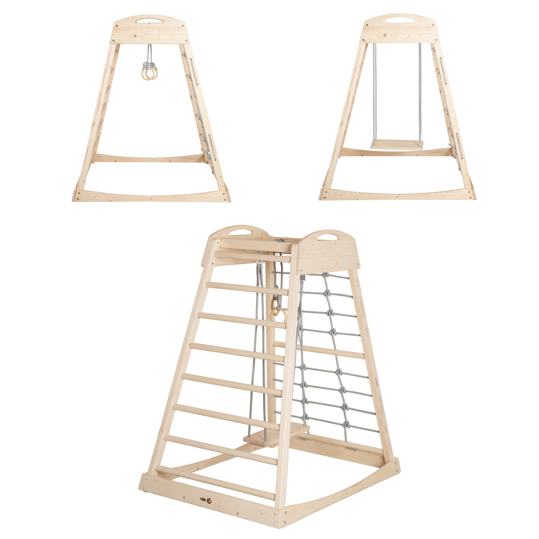 Tour de jeux d'intérieur en bois avec balançoire et anneaux de gymnastique - naturel / gris