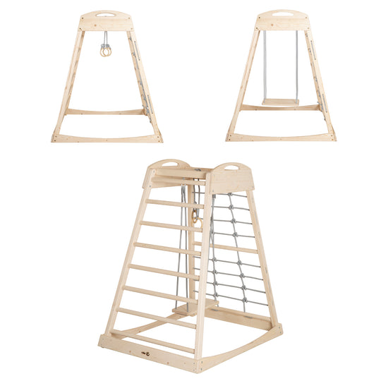 Tour de jeux d'intérieur en bois avec balançoire et anneaux de gymnastique - naturel / gris