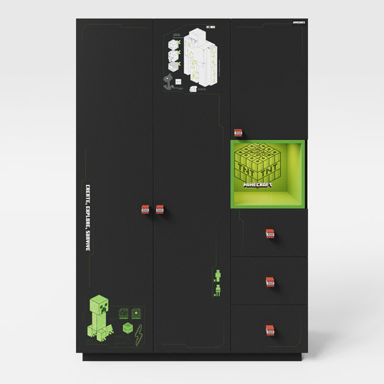 Armoire 'Minecraft' 3 portes - aspect carbone - noir / vert