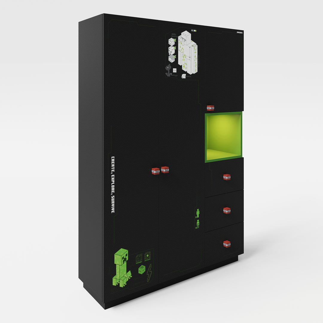 Armoire 'Minecraft' 3 portes - aspect carbone - noir / vert
