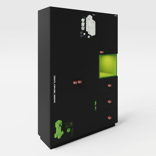 Armoire 'Minecraft' 3 portes - aspect carbone - noir / vert
