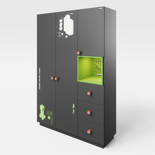 Armoire 'Minecraft' 3 portes - aspect carbone - noir / vert