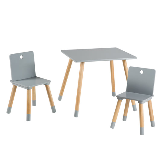 Ensemble de sièges, set composé de 2 chaises et un table pour enfants, en bois, gris laqué