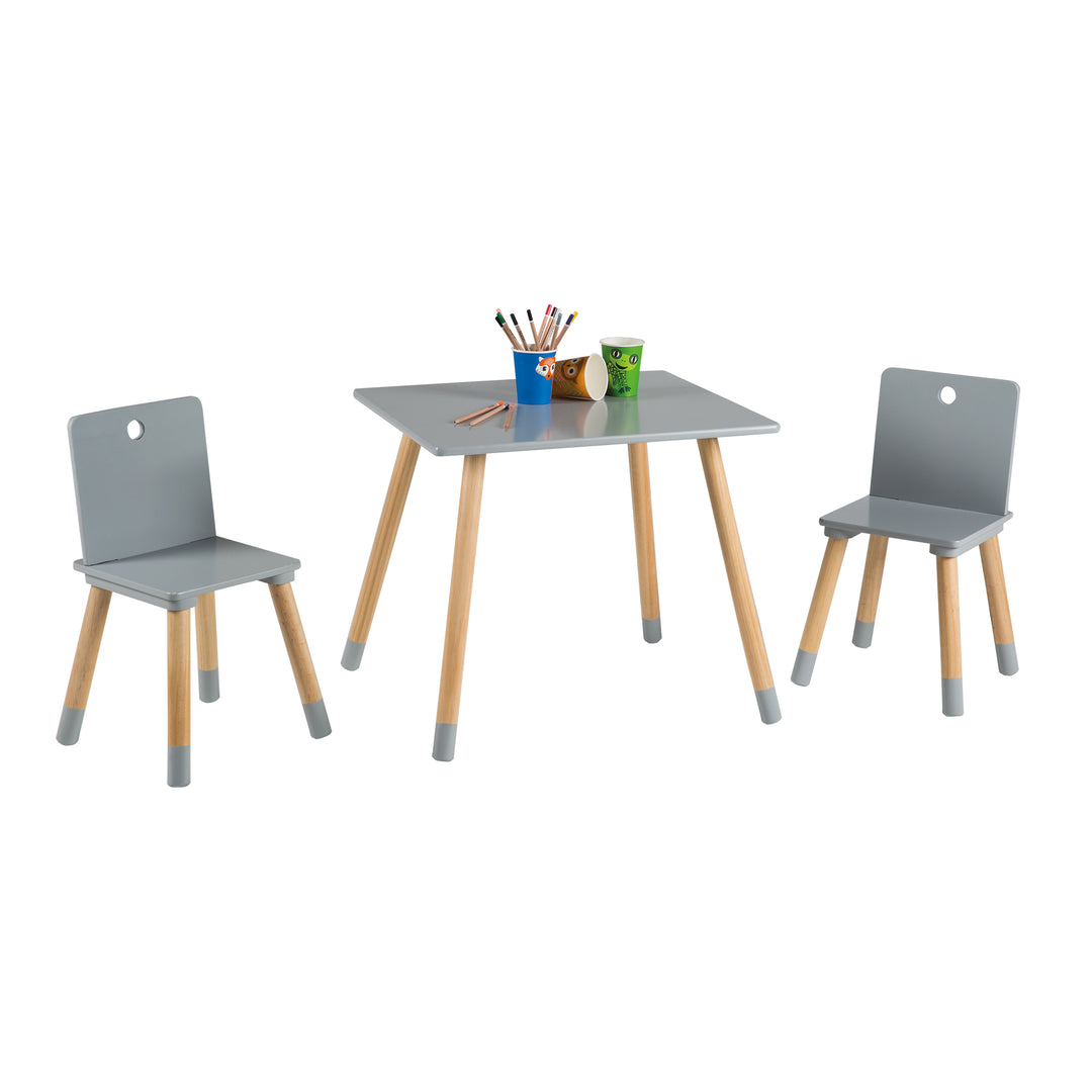 Ensemble de sièges, set composé de 2 chaises et un table pour enfants, en bois, gris laqué