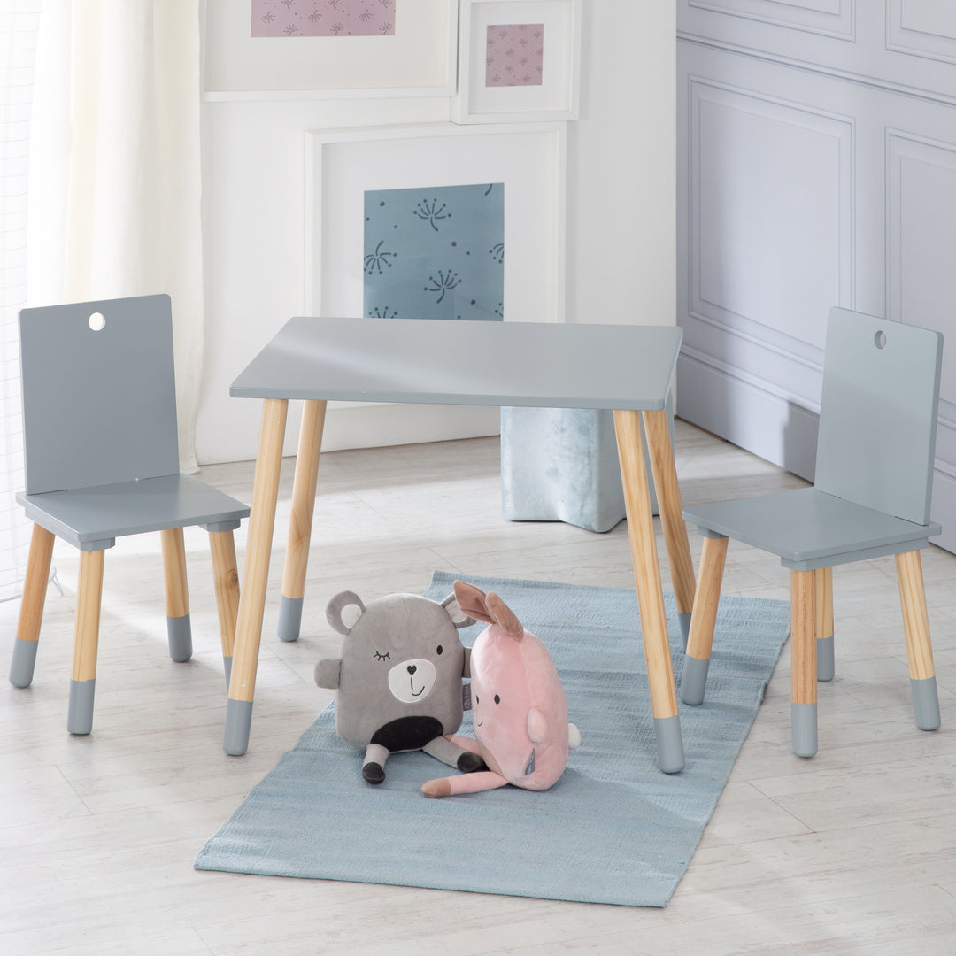 Ensemble de sièges, set composé de 2 chaises et un table pour enfants, en bois, gris laqué