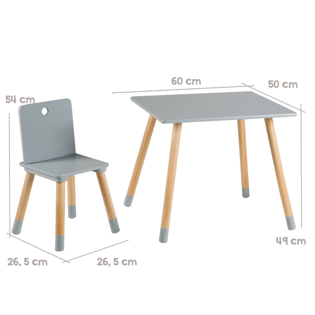 Ensemble de sièges, set composé de 2 chaises et un table pour enfants, en bois, gris laqué