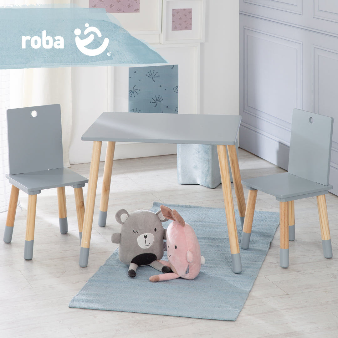 Ensemble de sièges, set composé de 2 chaises et un table pour enfants, en bois, gris laqué