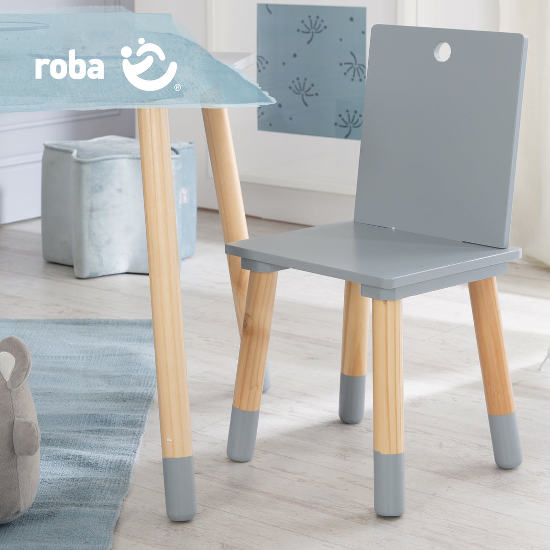 Ensemble de sièges, set composé de 2 chaises et un table pour enfants, en bois, gris laqué
