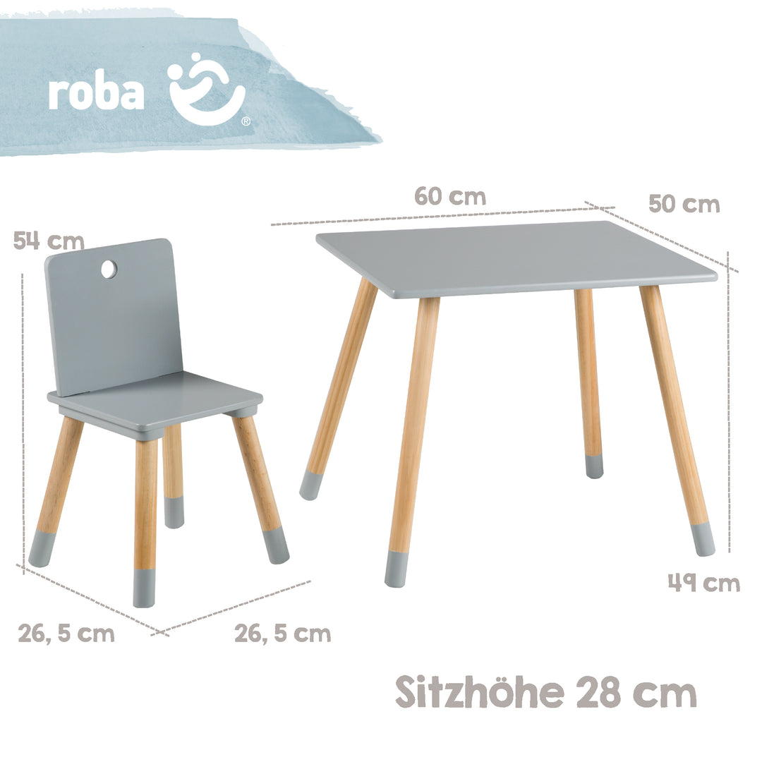 Ensemble de sièges, set composé de 2 chaises et un table pour enfants, en bois, gris laqué