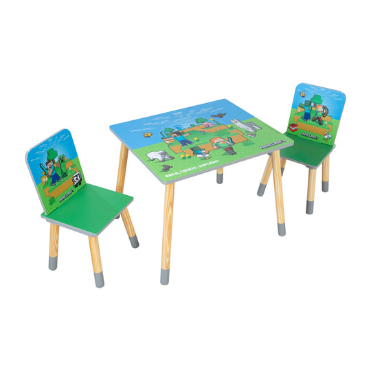 Kindersitzgruppe 'Minecraft' - Tisch mit 2 Stühlen aus Holz - Grün / Blau