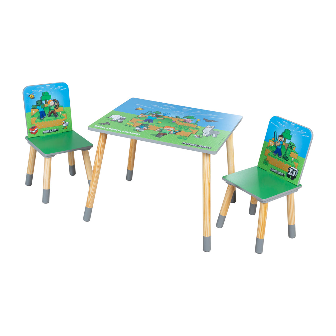 Kindersitzgruppe 'Minecraft' - Tisch mit 2 Stühlen aus Holz - Grün / Blau