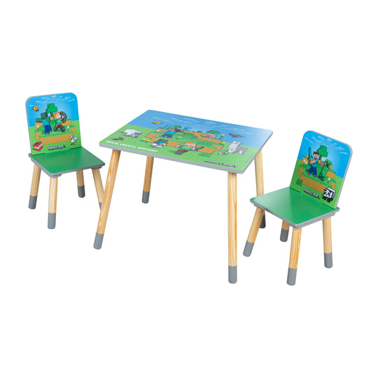 Kindersitzgruppe 'Minecraft' - Tisch mit 2 Stühlen aus Holz - Grün / Blau