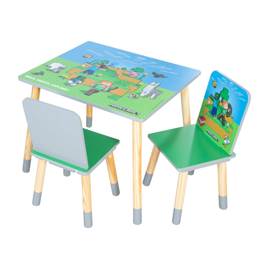 Kindersitzgruppe 'Minecraft' - Tisch mit 2 Stühlen aus Holz - Grün / Blau