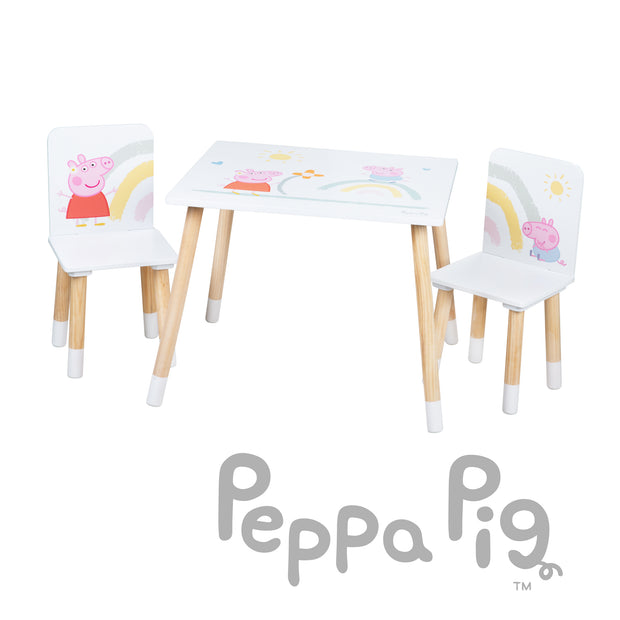 Kindersitzgruppe 'Peppa Pig' - 2 Stühle + 1 Tisch - Motiv der Serie - Holz weiß / natur