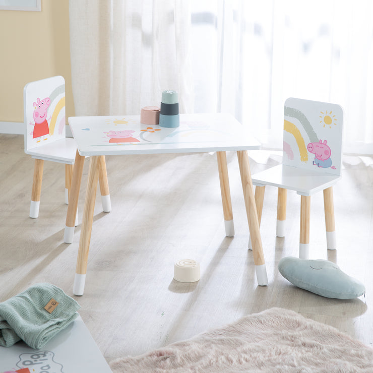 Conjunto de Asientos para Niños 'Peppa Pig' - 2 Sillas + 1 Mesa - Diseño de la Serie - Madera Blanca / Natural