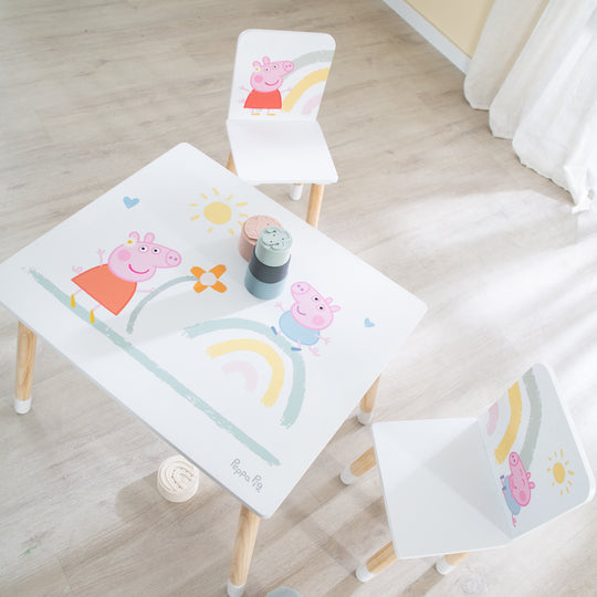 Ensemble de sièges pour enfants 'Peppa Pig' - 2 chaises + 1 table - Motif de la série - Bois blanc / naturel