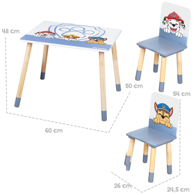 Kindersitzgruppe 'Paw Patrol' - 2 Stühle + 1 Tisch - Motiv der Serie - Holz weiß / natur