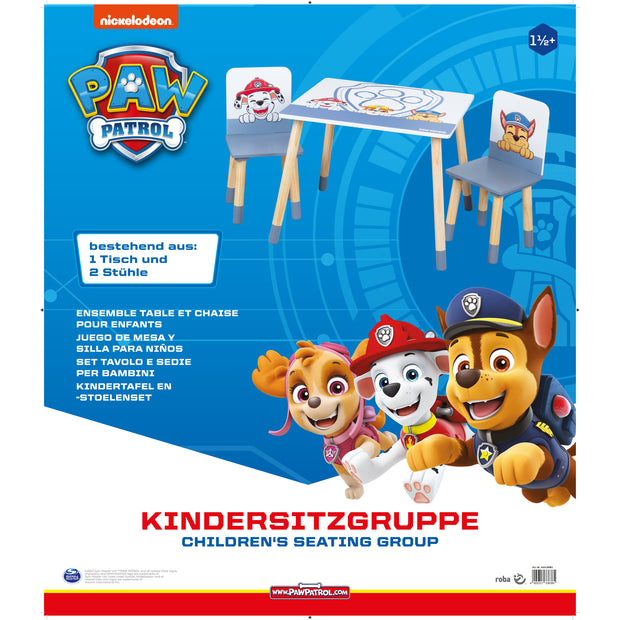 Kindersitzgruppe 'Paw Patrol' - 2 Stühle + 1 Tisch - Motiv der Serie - Holz weiß / natur