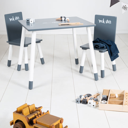 Ensemble de sièges 'Rock Star Baby 3', 2 chaises et un table pour enfant, en bois, gris foncé laqué