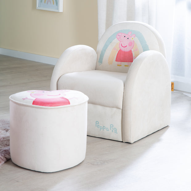 Children's Armchair 'Peppa Pig' with Armrests - Beige Velvet Fabric with Peppa Print