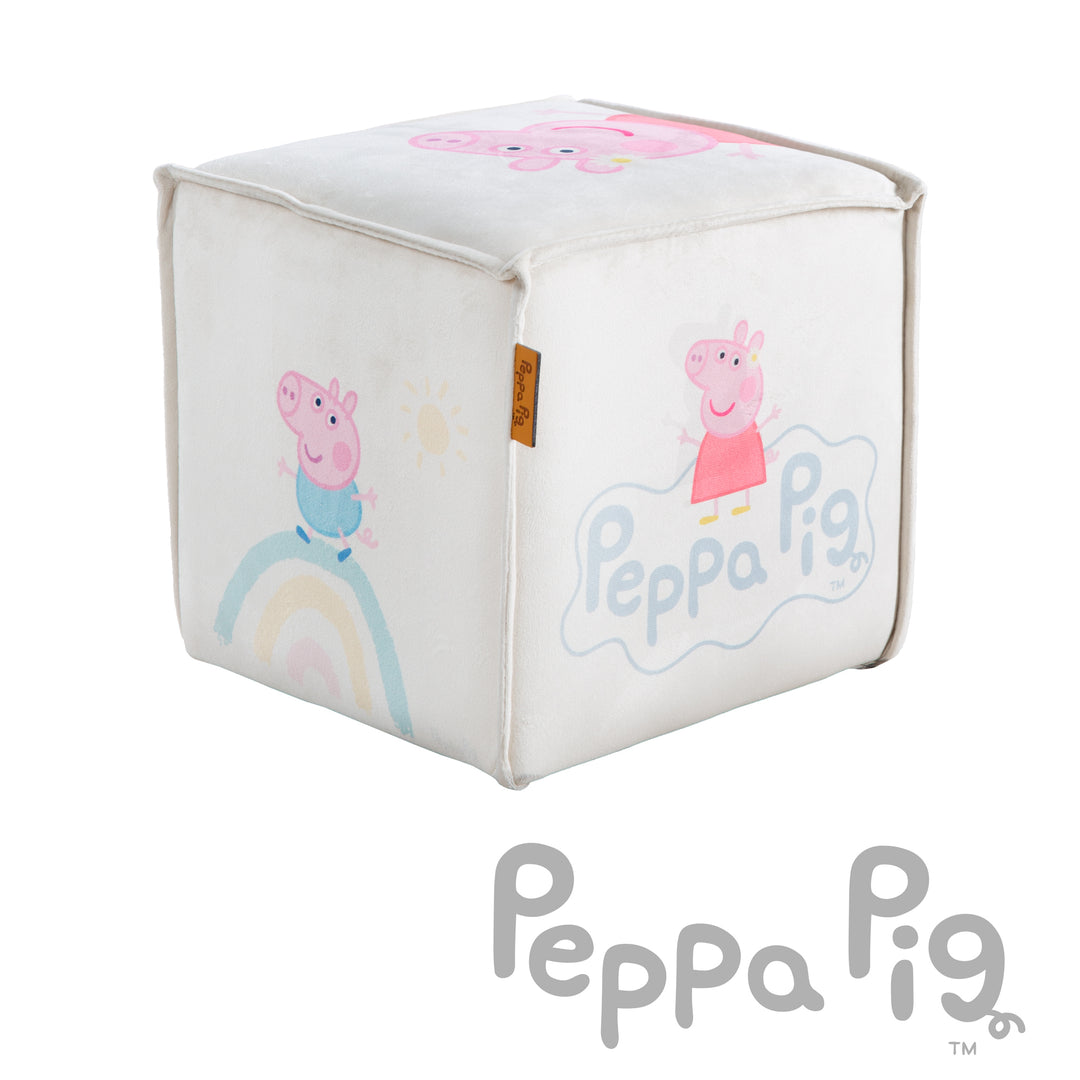 Sgabello per bambini 'Peppa Pig' a forma di cubo - rivestimento in velluto beige + stampa Peppa