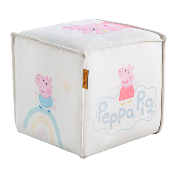 Tabouret enfant 'Peppa Pig' en forme de cube - Revêtement en velours beige + Impression Peppa