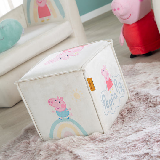 Sgabello per bambini 'Peppa Pig' a forma di cubo - rivestimento in velluto beige + stampa Peppa