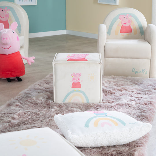 Sgabello per bambini 'Peppa Pig' a forma di cubo - rivestimento in velluto beige + stampa Peppa
