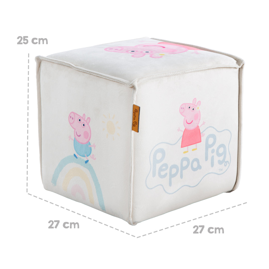 Sgabello per bambini 'Peppa Pig' a forma di cubo - rivestimento in velluto beige + stampa Peppa