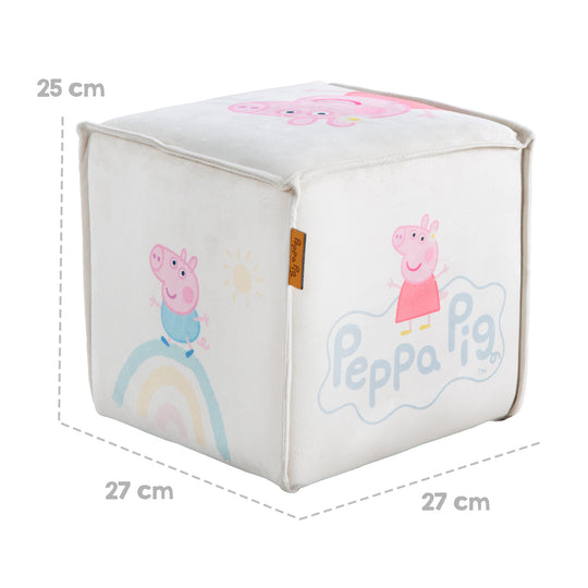 Sgabello per bambini 'Peppa Pig' a forma di cubo - rivestimento in velluto beige + stampa Peppa