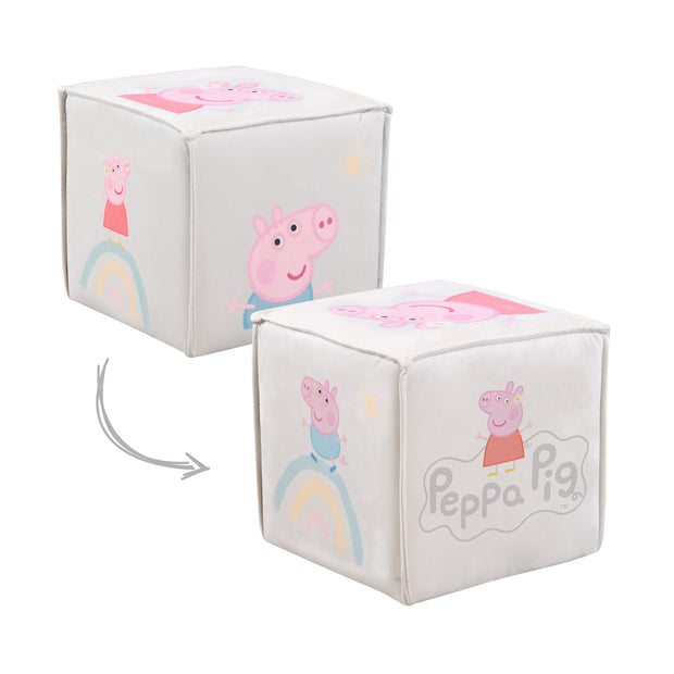 Tabouret enfant 'Peppa Pig' en forme de cube - Revêtement en velours beige + Impression Peppa