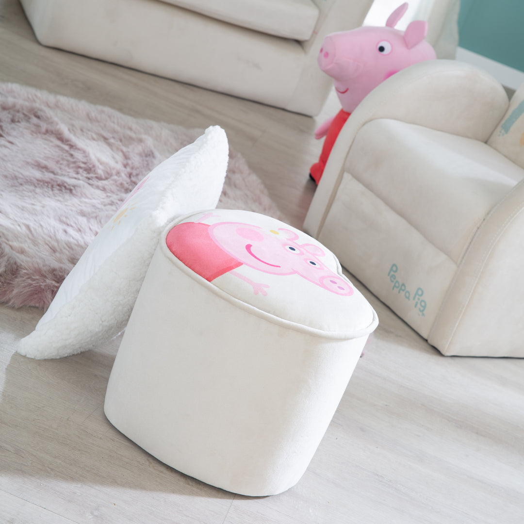 Sgabello per bambini 'Peppa Pig' a forma di cuore - rivestimento in velluto beige - motivo Peppa rosa