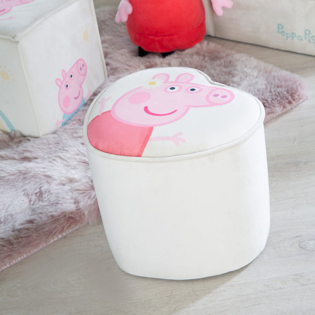 Kinderhocker 'Peppa Pig' in Herzform - Samtbezug in Beige - Rosa Peppa Motiv