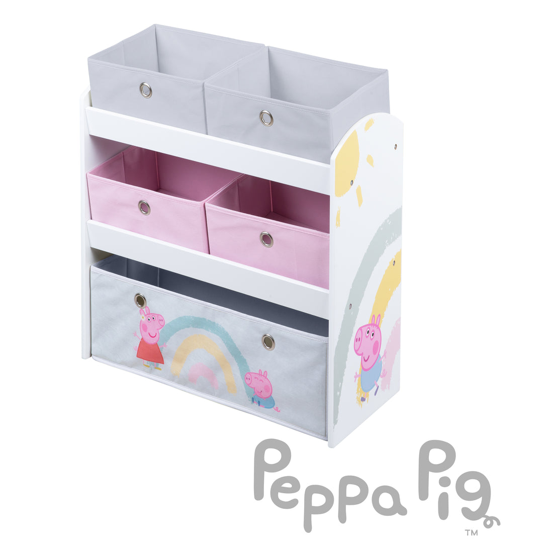 Scaffale portagiochi 'Peppa Pig' con 5 scatole di stoffa - Scaffale portaoggetti in legno