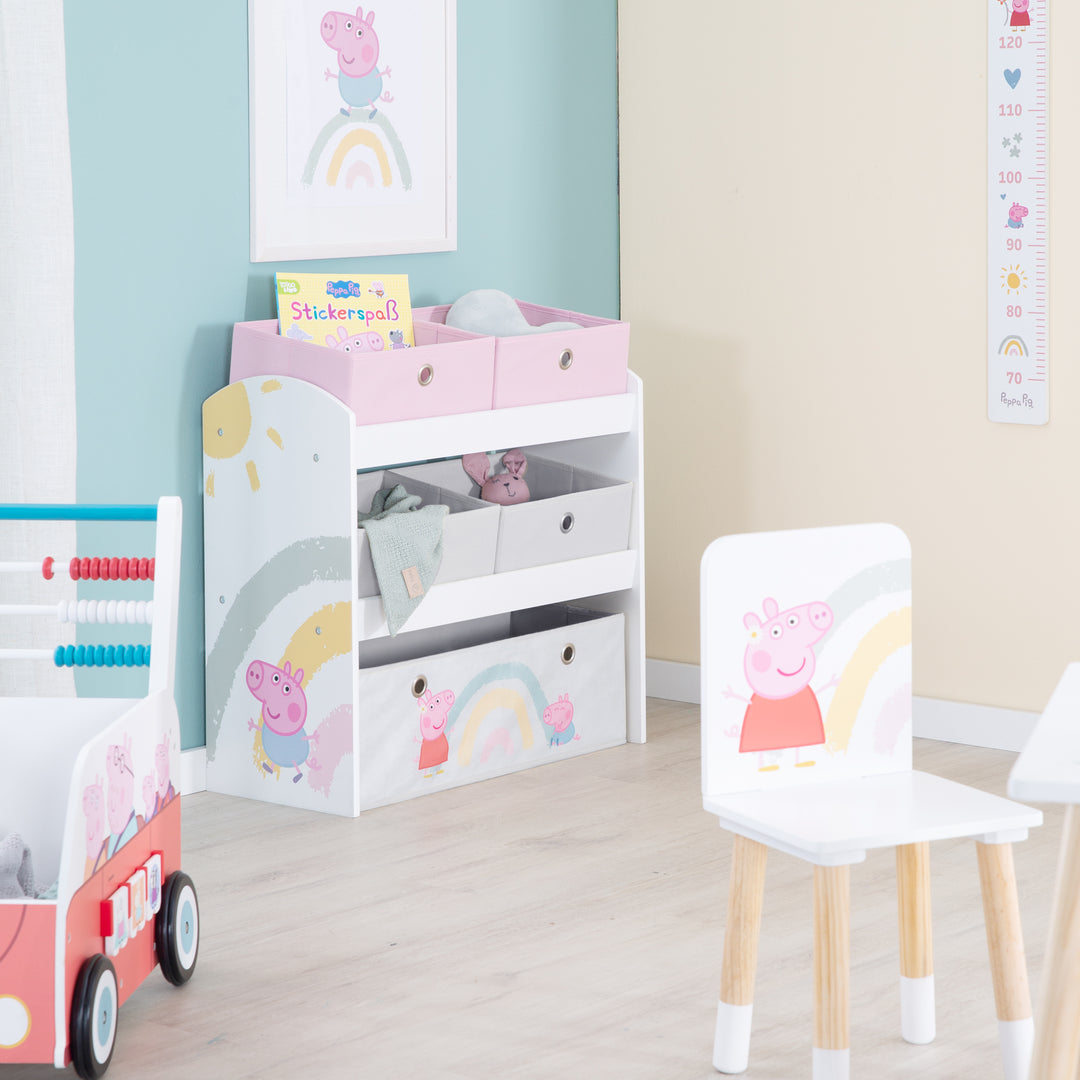 Scaffale portagiochi 'Peppa Pig' con 5 scatole di stoffa - Scaffale portaoggetti in legno