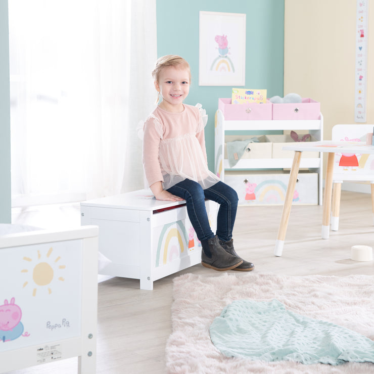 Coffre à jouets en bois 'Peppa Pig' - Siège pliant - Blanc / Rose