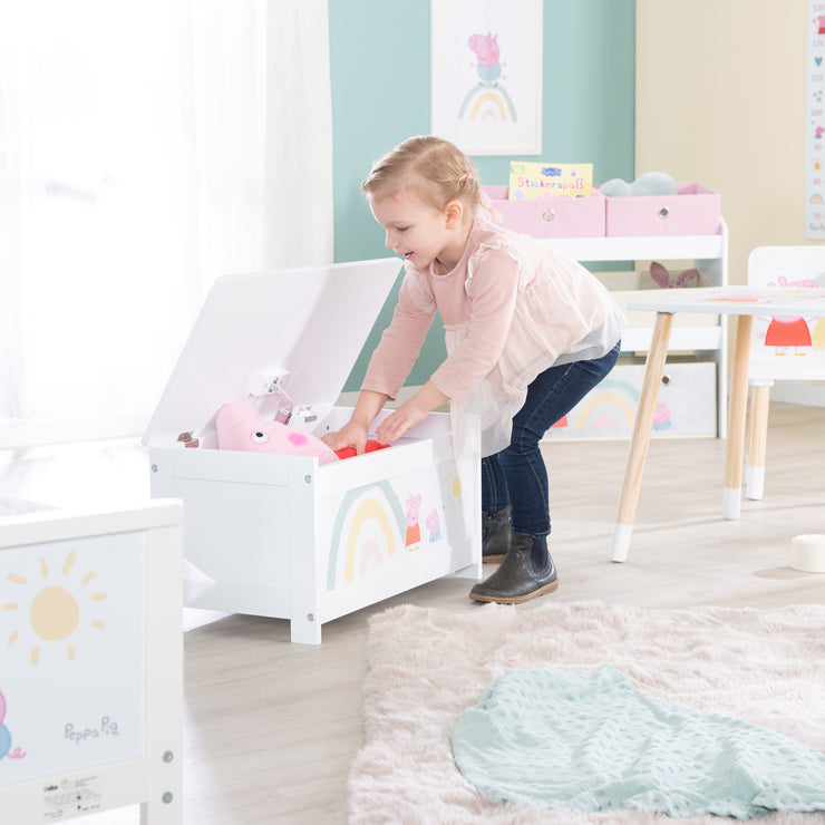 Coffre à jouets en bois 'Peppa Pig' - Siège pliant - Blanc / Rose