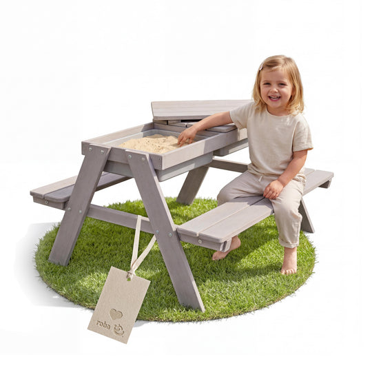 Conjunto de asientos infantiles «Play» con bandejas de juego, de madera maciza resistente a la intemperie - Gris